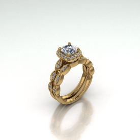 14kt yellow gold wedding set that has a cushion shaped halo and marquise shaped clusters going down either side. There are round brilliant cut accent diamonds set throughout both the engagement ring and the wedding band.