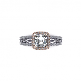 14kt white and rose gold halo-style engagement ring with a high polish scroll design.