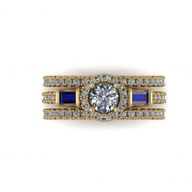 14kt yellow gold and blue sapphire halo-style wedding set.