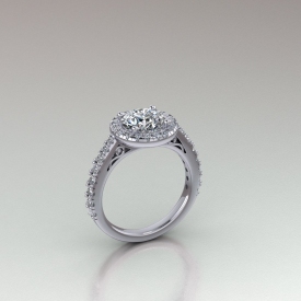 14kt white gold halo-style diamond engagement ring with a round diamond center stone.