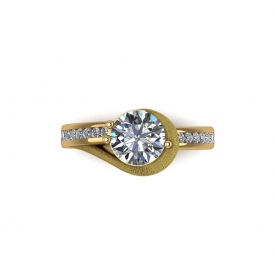 18kt yellow gold contemporary-style ring with channel set diamonds and a missy finish around the center stone