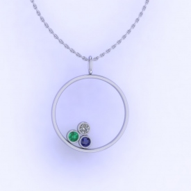 10kt white gold circle pendant with bezel set blue sapphire, emerald, and diamond.