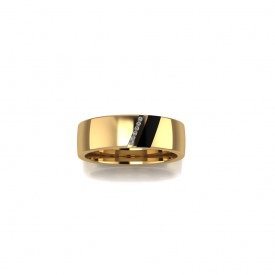 14kt yellow gold gents band with a specialty cut black onyx and channel set round diamonds.