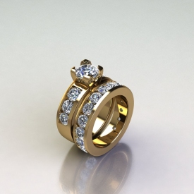 14kt yellow gold wedding set with round brilliant cut diamonds channel set throughout and a round diamond set in the center.