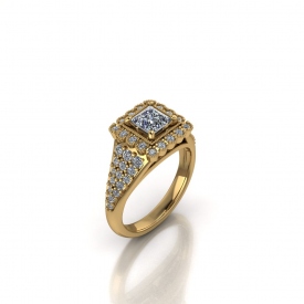 18kt yellow gold halo-style engagement ring that has a halo of bezel set round diamond surrounding a princess cut center stone, and pave set diamonds on the sides tapering down into a thin shank.