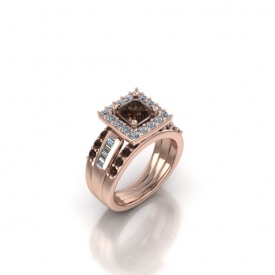 14kt rose gold wedding set with champagne and white diamonds set with a square halo surrounding a round champagne-color diamond center stone.