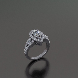 14kt white gold halo-style engagement ring with a pear-shaped diamond center stone, a split shank and marquise diamonds set between prong set diamonds.