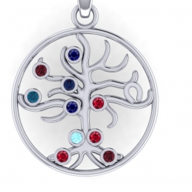 Silver family tree with multiple bezel set gemstones the represent birth stones.