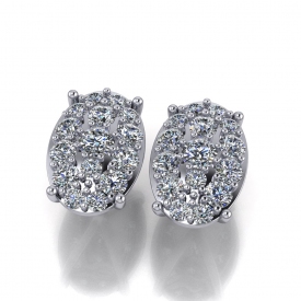 Platinum oval-cluster style earrings, there are multiple sizes of round brilliant cut diamonds set to resemble an oval.