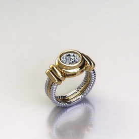 14kt white and yellow gold ring with a bezel set round brilliant cut center in yellow gold, and the sides being a cable design in white gold.