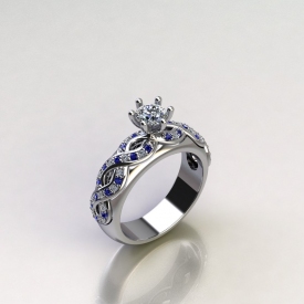 14kt white gold engagement ring with a round brilliant cut center diamond and a woven pattern on the sides with alternating round brilliant cut diamonds and blue sapphires.