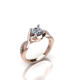 14kt rose gold engagement ring with a round brilliant cut center diamond that has a high polish under halo, a twist style shank with round brilliant cut diamonds that are set shared prong.