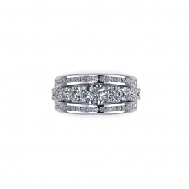 14kt white gold ring that has a center band of larger round brilliant cut diamonds that are prong set and two outer bands of round brilliant cut diamonds that are channel set.