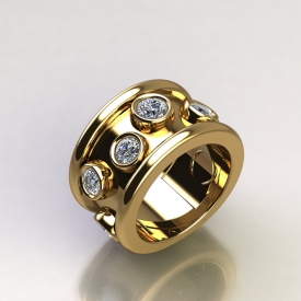 14kt yellow gold fashion ring with scattered bezel set round brilliant cut diamonds.