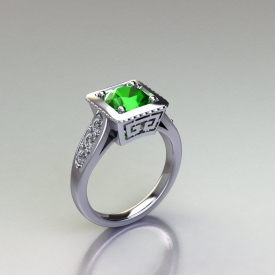Platinum antique style gemstone ring with round brilliant cut diamonds down either side and a filigree design under the center.