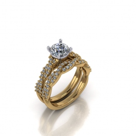 14kt yellow gold wedding set with a twist-style to each the band and engagement ring that have prong set diamonds set throughout.
