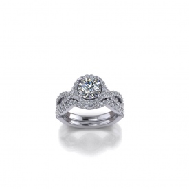 14kt white gold halo-style engagement ring with a round brilliant cut diamond in the center, and sides that twist with shared prong diamonds set throughout.