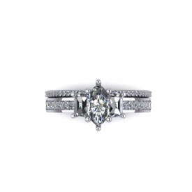 14kt white gold engagement ring with a marquise diamond center and trapezoid diamonds on either side, with channel set round diamonds down the sides.