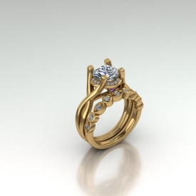 18kt yellow gold wedding set with a twist-style engagment ring that has amethyst accent stones and a wedding band with round brillinat cut diamonds in alternating marquise and round bezel shapes.