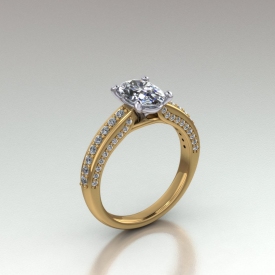 14kt yellow and white gold engagement ring that has an oval shaped center diamond and diamonds set on all three sides of the shank of the ring.
