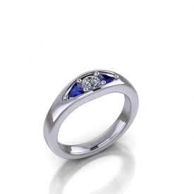 10kt white gold band with trillion shaped blue sapphires set on either side of a round brilliant cut diamond center.