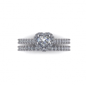 14kt white gold halo-style wedding set with a heart shaped diamond in the center and round brilliant cut diamonds prong-set throughout.
