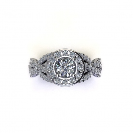 14kt white gold halo, twist-style engagement ring with a round diamond center and prong set diamonds set throughout.