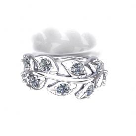 14kt white gold fashion ring with diamonds set in the center of each leaf design.