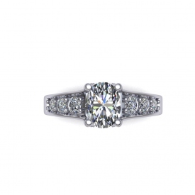 14kt white gold engagement ring with an oval shaped diamond center and round diamonds on either side that taper from larger to smaller.