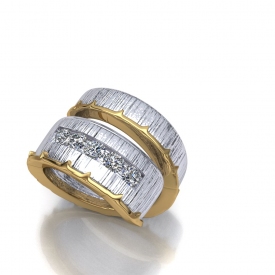 10kt white and yellow gold wrap-style fashion gents ring that has 5 round brilliant cut diamonds channel set in the center of the thicker portion, a tree bark-like finish in the white gold portion and a yellow gold twig-style wrap on the outer portion of the ring.