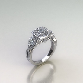 14kt white gold antique style engagement ring with a princess cut diamond center stone, a halo with round brilliant cut diamonds, and twisted sides that have larger round brilliant cut diamonds set within. The face of the ring has a beading inner channel and scroll work with a bezel set diamond under the halo.