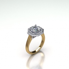 14kt two-tone engagement ring that has a high polish yellow gold shank and octagon shaped halo with round brilliant cut diamonds set within, the center stone is a round brilliant cut diamond.