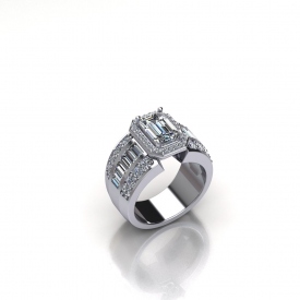 14kt white gold ring with an emerald cut center diamond that has a halo of round brilliant cut diamonds surrounding it, on either side of the center there are channel set baguettes and prong set round brilliant cut diamonds.