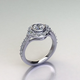 Platinum ring with a bezel cet round diamond center stone, a halo with prong-set round diamonds, and a shared prong setting style on the shank of the ring with round diamonds.