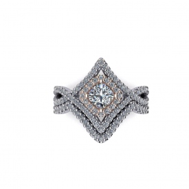 14kt two tone wedding set with a rose gold halo around the center cushion cut diamond, and an interwoven twist style shank with prong set round brilliant cut diamonds. The wedding band is a contour band with round brilliant cut diamonds that are prong set.