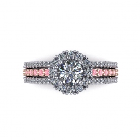 14kt white and rose gold halo-style engagement ring with white and pink diamonds set throughout.