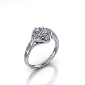 14kt white gold cluster-style ring with round brilliant cut diamonds set in a diamond shape, there is one diamond set on either side of the shank.