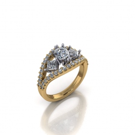 14kt two tone ring with a pear shape and two princess cut diamonds set in white gold in the center and the two outer bands are prong set with round brilliant cut diamonds.