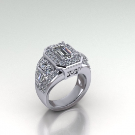 14kt white gold halo-style engagement ring with an emerald cut center diamond that has a halo of round brilliant cut diamonds set, there are round and baguette cut diamonds set down each side of the ring.