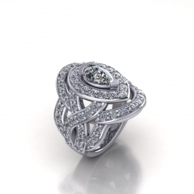 14kt white gold double-halo style ring with interwoven sides, there are bead set round brilliant cuts set throughout, and a pear shaped diamond center stone.