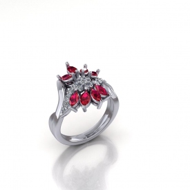 14kt white gold fashion ring with a twisted row of round brilliant cut diamonds in the center and outer bands of marquise rubies.