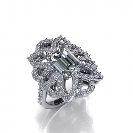 18kt white gold fashion ring with an emerald shape diamond center and a floral-type design surrounding it with round brilliant cut diamonds prong set throughout.