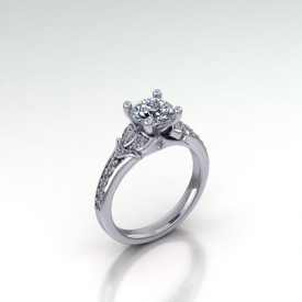 14kt rose gold engagement ring with a 'leaf'-like design on either side of the round diamond center stone, a peek-a-boo diamond under the center, and round diamonds going down either side.
