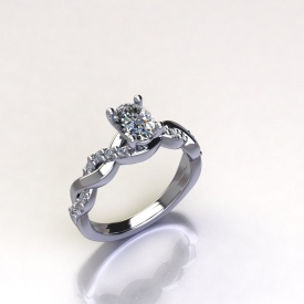 14kt white gold twist-style engagement ring with an oval shaped center diamond, prong set diamonds on half of the twist design and a high polish finish on the other half.
