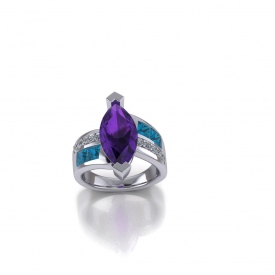 14kt white gold gemstone ring that has a marquise shaped amethyst for the center stone, princess cut london blue topaz and diamonds on the sides that are channel set, and a off-set design with high polished white gold.