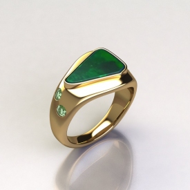 14kt yellow gold fashion ring with a specialty cut center gemstone and direct set round gemstones down either side.