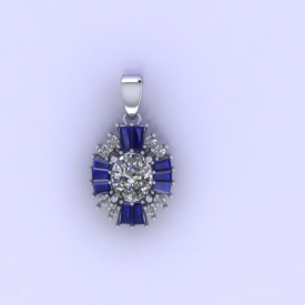 14kt white gold fashion pendant that has an european cut diamond in the center and round brilliant cut diamonds and baguette shaped blue sapphire gemstones surrounding the center.
