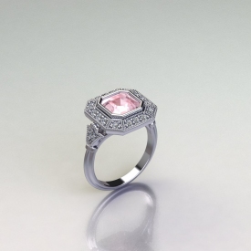 14kt white gold antique style ring with a asscher cut morganite gemstone center stone, round diamonds set in a halo and in shank, and a beaded finish.
