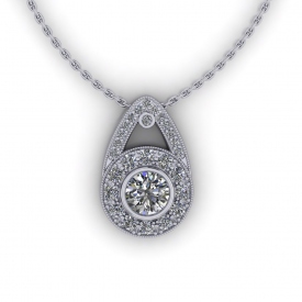 14kt white gold halo-style pendant with diamonds going around the round center diamond and on the bale of the pendant.