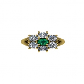 14kt yellow gold cluster-style fashion ring with oval diamonds and emerald set in an oval shaped cluster.